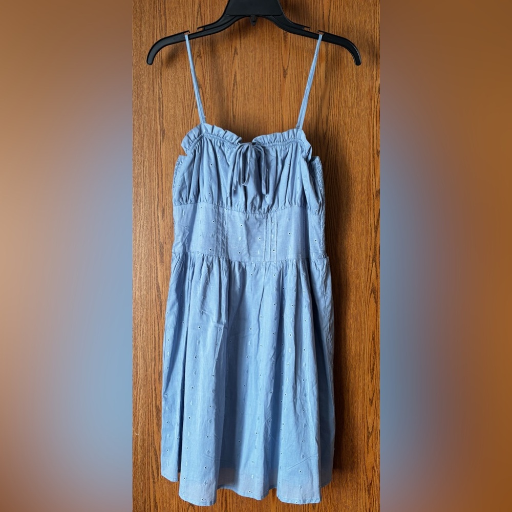 Hesperus Blue Cotton Casual Eyelet Spaghetti Strap Casual Mini Dress Large